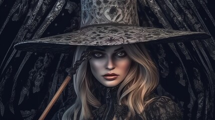 
Beautiful witch style girl in gothic clothes with a staff. Witch's Night or All Saints' Eve. Concept: mysticism, game characters, halloween. Generative AI