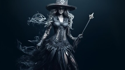 Obraz premium Beautiful witch style girl in gothic clothes with a staff. Witch's Night or All Saints' Eve. Concept: mysticism, game characters, halloween. Generative AI