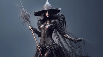
Beautiful witch style girl in gothic clothes with a staff. Witch's Night or All Saints' Eve. Concept: mysticism, game characters, halloween. Generative AI