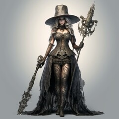 Fototapeta premium Beautiful witch style girl in gothic clothes with a staff. Witch's Night or All Saints' Eve. Concept: mysticism, game characters, halloween. Generative AI