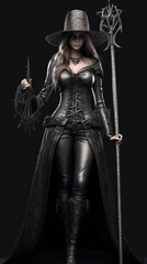 Fototapeta na wymiar Beautiful witch style girl in gothic clothes with a staff. Witch's Night or All Saints' Eve. Concept: mysticism, game characters, halloween. Generative AI