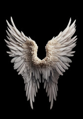 Pair of white and gold wings with feathers on black background. Angel/bird style Generative AI