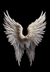 Obraz premium Pair of white and gold wings with feathers on black background. Angel/bird style Generative AI