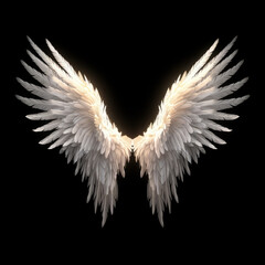 Pair of realistic white wings and feathers on black background with bright light. Angel/bird style Generative AI