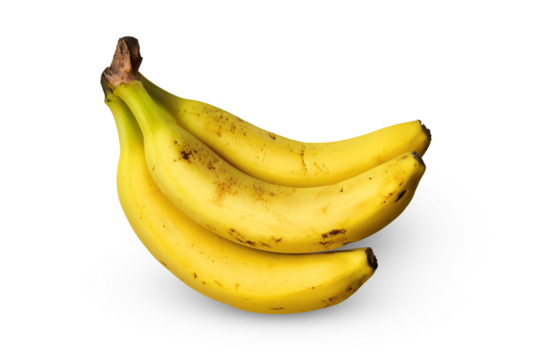 Three bananas with small stains on their surface isolated on empty background