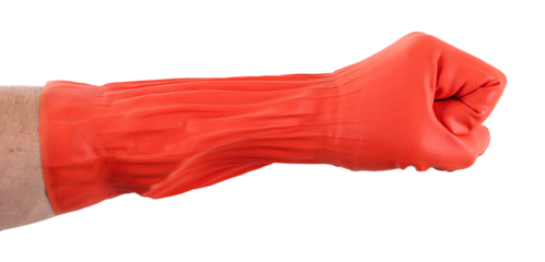  Hand in red rubber glove isolated on white