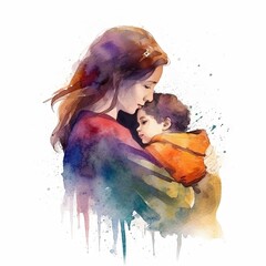 Colorful watercolor painting of a mother with her child