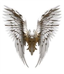 Fototapeta premium Pair of white wings with gold details and feathers isolated on transparent background angel/bird/stone style Generative AI