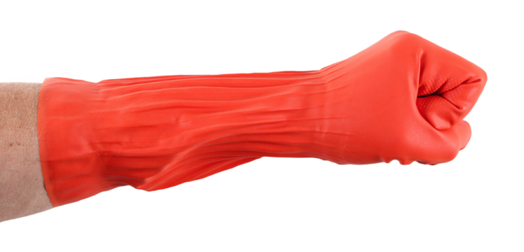  Hand in red rubber glove isolated on white