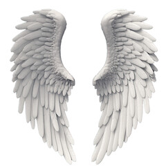 Fototapeta premium Pair of white wings with feathers isolated on transparent background, angel/bird/stone style Generative AI