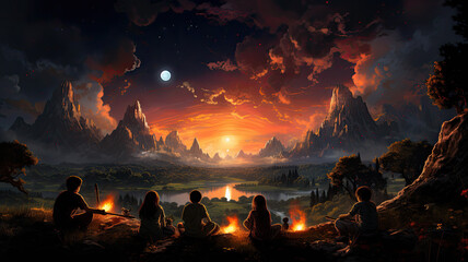 Children camping on mountain with majestic surreal landscape, generative ai