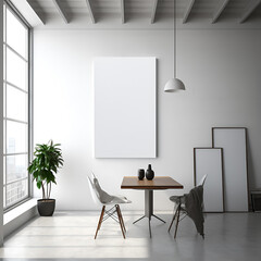 Minimal interior of a room. Mockup on the white wall. Ai generation. Illustration.

