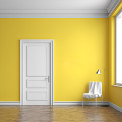 Empty yellow room with door. Illustration. Ai generation.