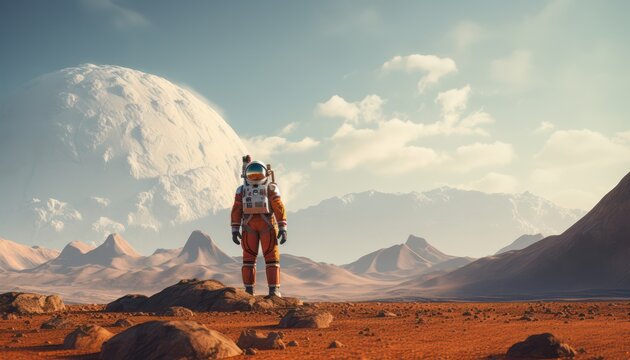 Astronaut on mars exploring the landscape