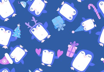 Christmas animals seamless penguin pattern for wrapping paper and fabrics and linens and kids clothes print