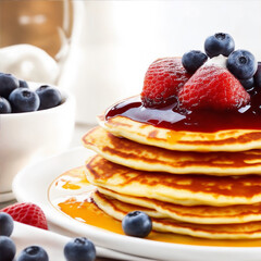 Generative ai of stack of pancakes with syrup and fruit, berries and strawberries on top of it.
