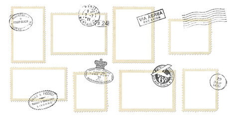 set / collection of postage stamp frames with vintage and antique stamps from various countries isolated over transparency, just place your image underneath and you're set, mail design elements, PNG - 616551150