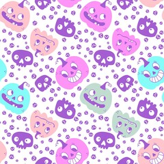 Fototapeta premium Pumpkins cartoon Halloween seamless skulls pattern for wrapping paper and fabrics and linens and kids clothes