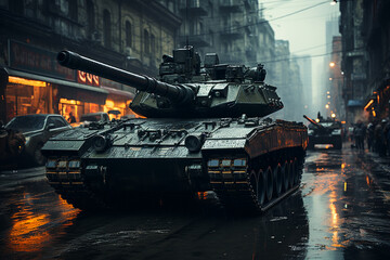 column of military tanks on the street of the city
