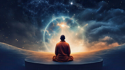 man in meditation in front of a galactic sky, midjourney ai
