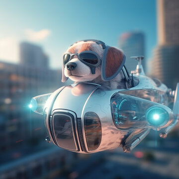 3D creative illustration anthropomorphic dog in cyberpunk megapolis of future © Imaster
