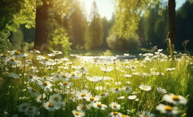 Obraz premium Chamomile summer meadow. Illustration AI Generative.