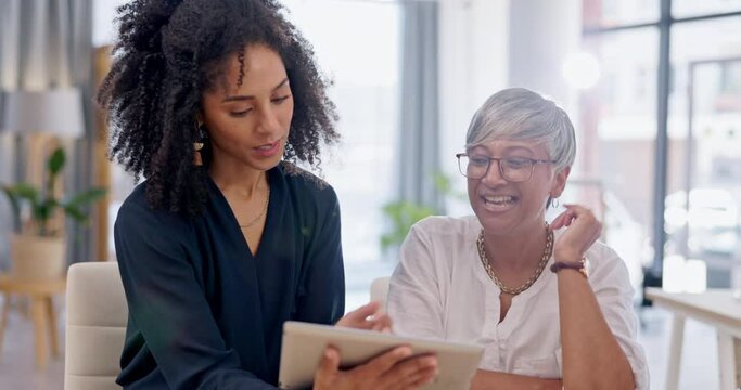 Training, feedback and teamwork, women with tablet in discussion on project management proposal with manager. Online report, planning and brainstorming, woman mentor with employee at start up office.