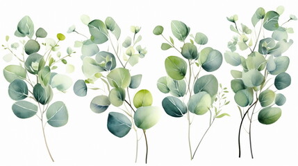 tWatercolor floral bouquet branches set with green pink blush leaves, for wedding invitations, greetings, wallpapers, fashion, prints. Eucalyptus, olive green leaves, for wedding, white background