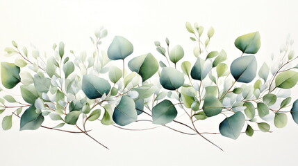 watercolor botanic, Leaf and buds. Seamless herbal composition for wedding or greeting card. Spring Border with leaves eucalyptus , white background