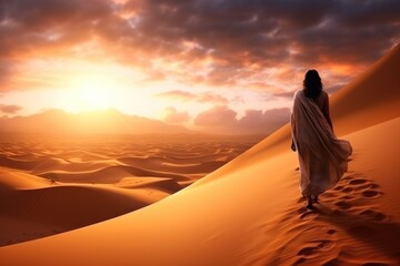 Fototapeta na wymiar Girl walking in the sand of desert at sunset. Illustration AI Generative