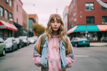 Fototapeta premium A captivating full body shot of a young girl ready for her first day of school. Generative AI