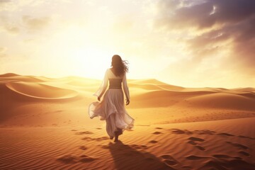 Fototapeta na wymiar Girl walking in the sand of desert at sunset. Illustration AI Generative
