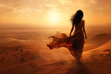 Girl walking in the sand of desert at sunset. Illustration AI Generative