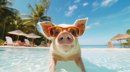 Cute pink pig in the swimming pool. Illustration AI Generative.