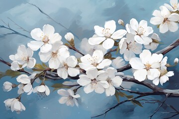 White flowers on blue background. Illustration AI Generative.