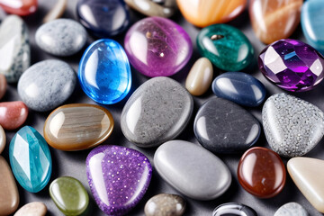 Obraz na płótnie Canvas a pile of different colored rocks and stones, many small and colorful stones, gem stones, very realistic gemstones, precious stones, colorful gems, colored gems, colorful crystals, 