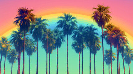 Fototapeta na wymiar A tropical row of palm trees with rainbow colors