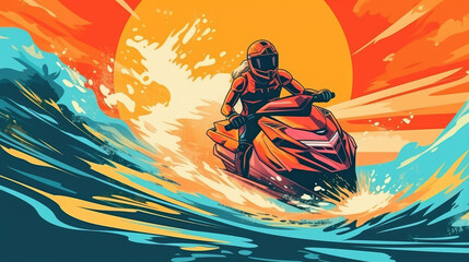 Jet ski cartoon style concept art, water scooter extreme water sport dynamic scene