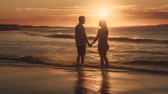 A young couple in love enjoying a beach sunset