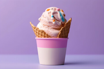 Ice cream and cone pieces in paper cup minimalistic, fresh colors,.