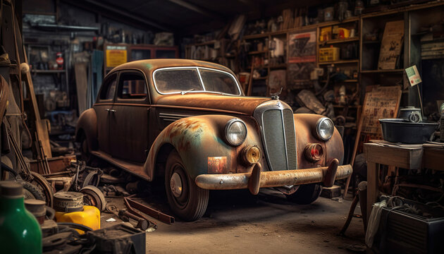 Carro antigo em oficina mecânica