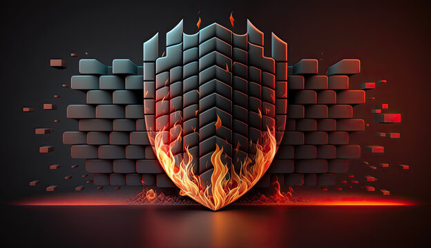 Abstrakt illustrative Darstellung einer Firewall, in Form eines Schutzschildes, die Ihren Einsatz in der Computersicherheit findet und den Datenverkehr kontrolliert.