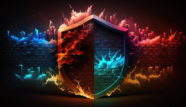 Abstrakt illustrative Darstellung einer Firewall, in Form eines Schutzschildes, die Ihren Einsatz in der Computersicherheit findet und den Datenverkehr kontrolliert.