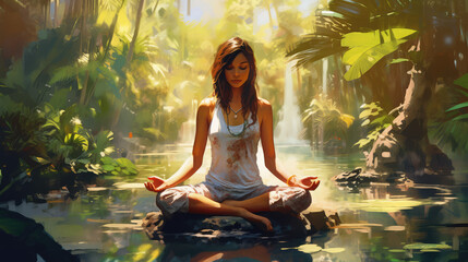 Jungle meditation and mindfullnes lifestyle concept art, spiritual awerness, mental soul health, self care, healthy habit, relief 
