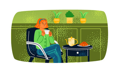 Woman at home. Woman sitting in armchair at coffee table, eating croissant and drinking tea in mug. Young girl resting alone on break. Cartoon flat vector illustration isolated on white background