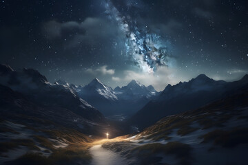 Fototapeta na wymiar Tranquil mountain pass under a starry night sky