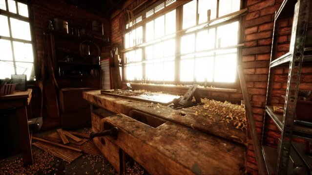 Vintage wild west carpenter shop interior with antique tools