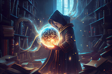 Man with a luminous ball in his hands. High quality illustration