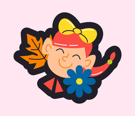 Back to school icon. Badge with smiling red haired girl with bow. Colorful sticker with schoolgirl character for social media and apps. Cartoon flat vector illustration isolated on white background