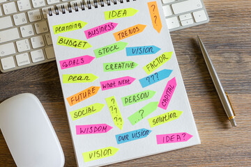 On a wooden table is a keyboard and mouse, a pen with a notepad with stickers with inscriptions on it.
